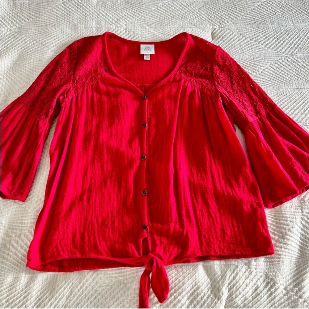 Knox Rose Red Lace Blouse with Bell Sleeves